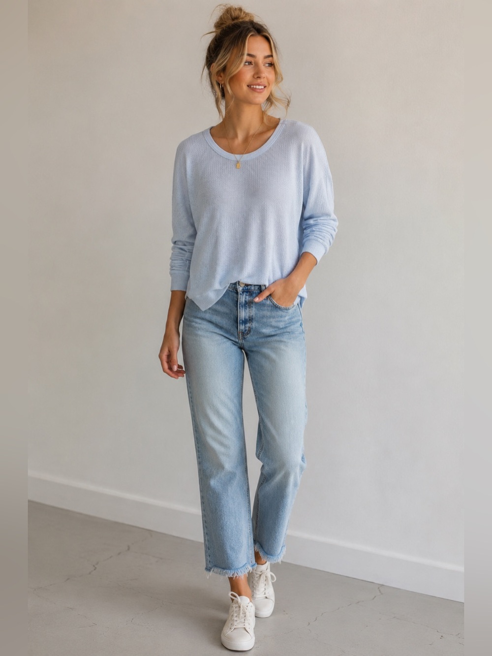 Yummie by Heather Thomson Light Blue Waffle Knit Long Sleeve Top XL
